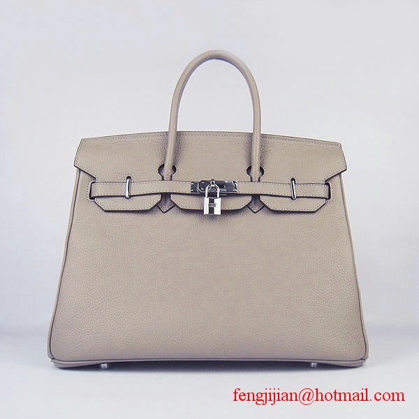 Hermes 35cm Embossed Veins Leather Bag Grey 6089 Silver Hardware